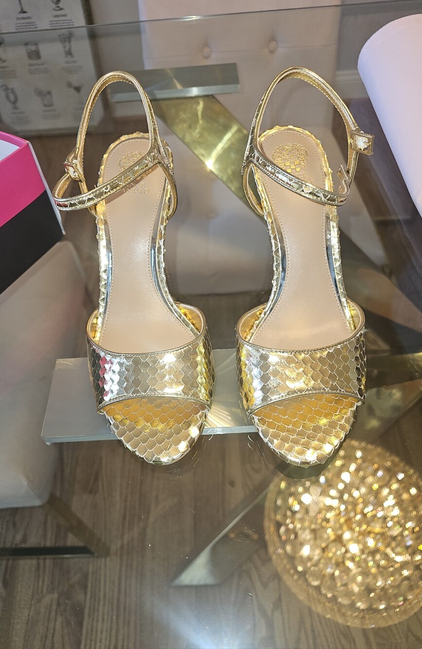 Vince Camuto Metallic Gold Peep-Toe Ankle-Strap Heels